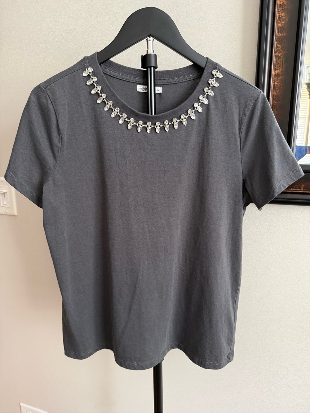 Edgely Jeweled Crewneck Short Sleeve Tee in Charcoal Gray